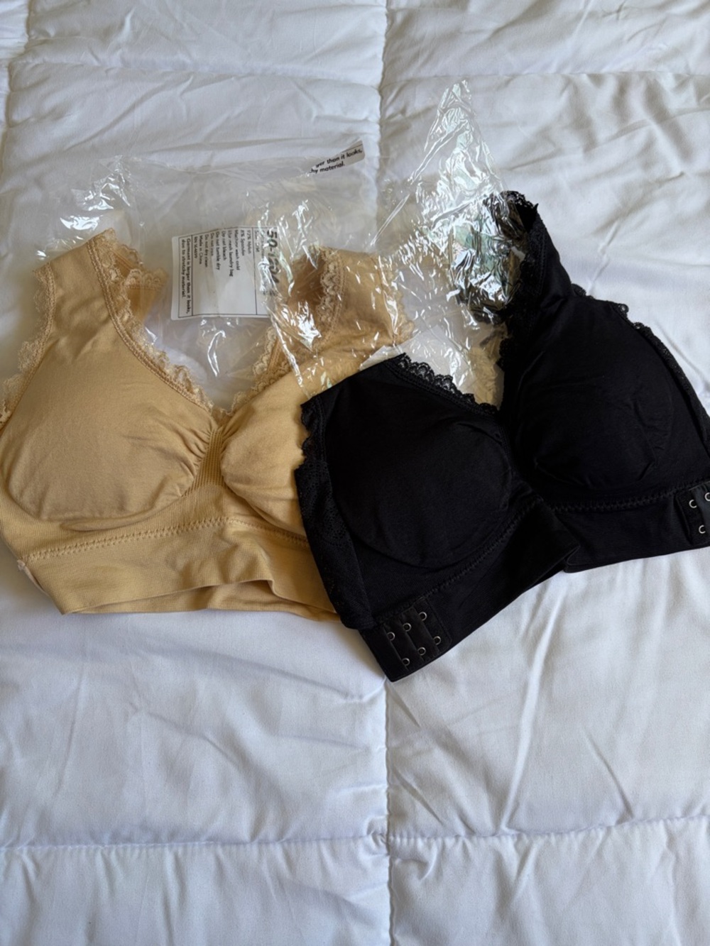 Lace Trim Wireless Bralettes - Black & Beige